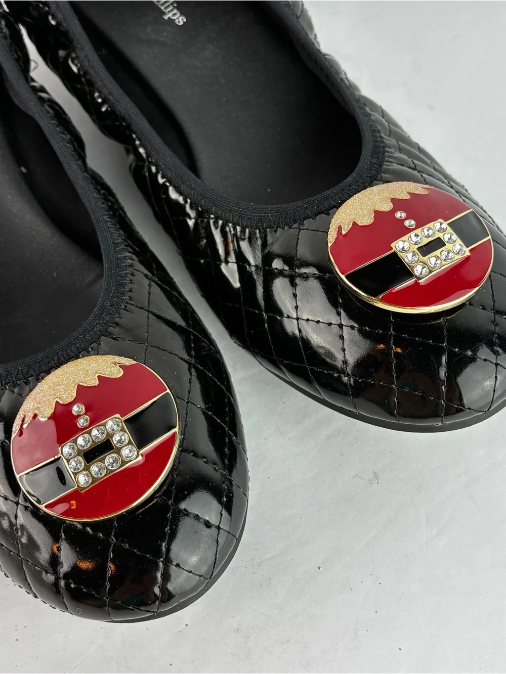 Lindsay Phillips Christmas Black Quilted Patent Leather Flats Santa Tops